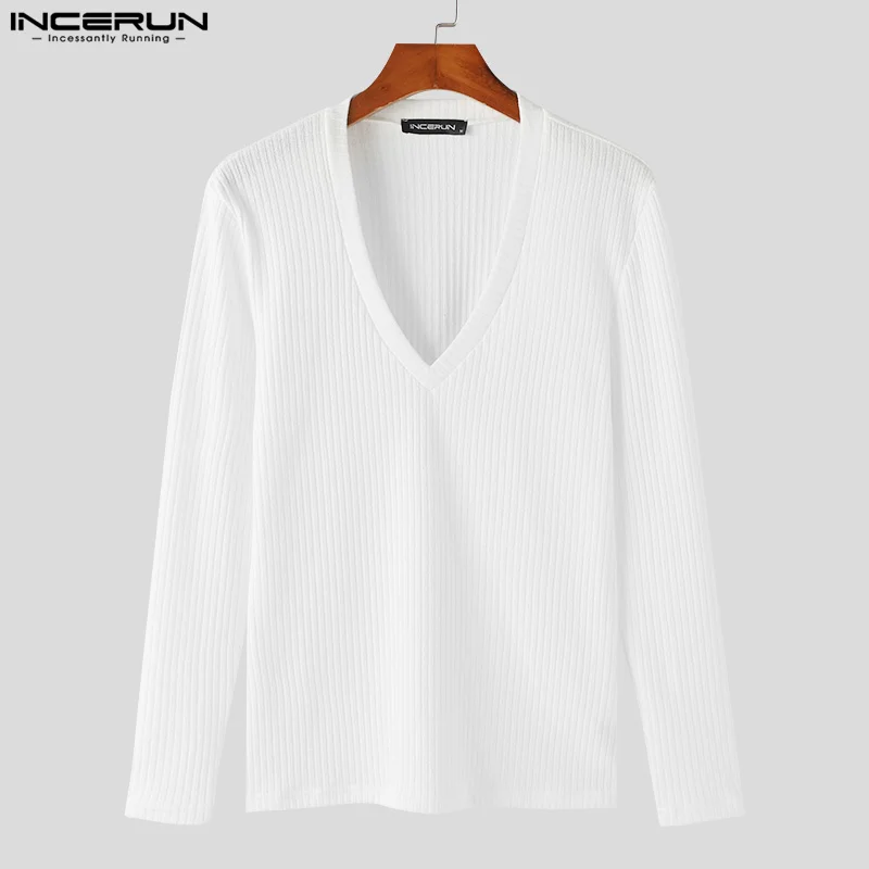 Handsome Well Fitting Tops INCERUN 2024 Men\'s Solid V-neck Knitted T-shirts Summer Casual Streetwear Long Sleeved Camiseta S-5XL