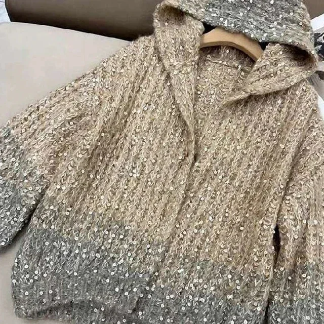 Luxury Sequins Gradient Mohair Hooded Long Sleeve Loose Knitted Cardigan Coat Women Sweater Mujer Knitted Cardigan Feminino