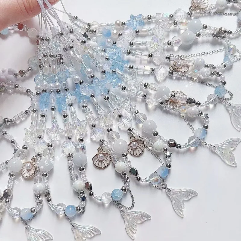 Dulce sirena concha de mar cadena de teléfono cordón encanto correa de muñeca cordón pulsera llavero para teléfono chica cuerda colgante joyería