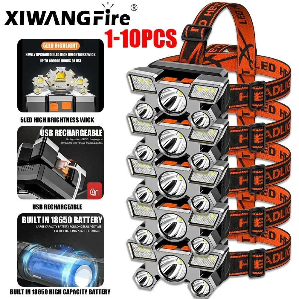 1-10PCS 5LED Headlamp Built-in Battery Rechargeable Torch Outdoor Night Portable Working Light Fishing Camping Head Lamp