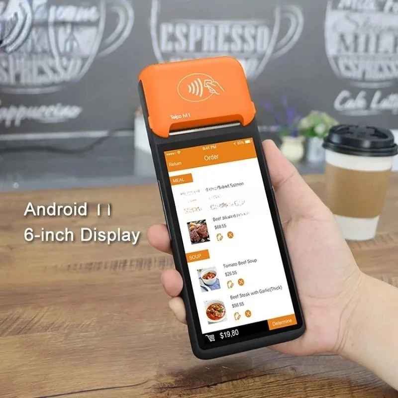 Handheld POS terminal Android 11 intelligent mobile food delivery, equipped with NFC card reader, 6-inch screen, with ticket