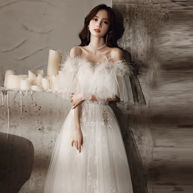 Customized Evening Dress White Feathers Off the Shoulder A-Line Floor-Length Plus size Prom Dress Woman Formal Party Gowns