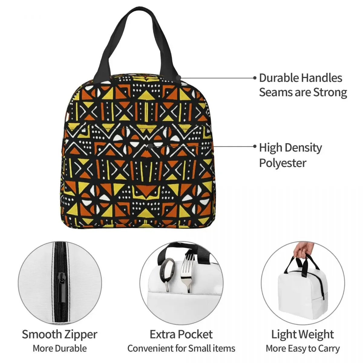 Afrikanische Bogolan Mud cloth Muster isolierte Lunch pakete tragbare Picknick tasche Kühler Lunchbox Lunch Tote für Frau Arbeit Kinder Schule