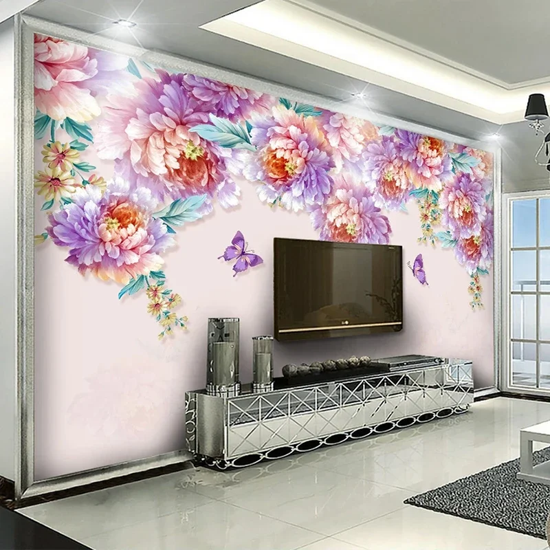 Custom Photo 3D Romantic Hand Painted Floral Flowers Butterfly Mural Papel De Parede 3D Living Room Bedroom Decoration Wallpaper