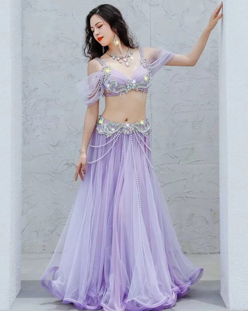 Novo traje de performance de dança do ventre-estilo de fada dupla camada grande balanço saia competição palco desempenho traje