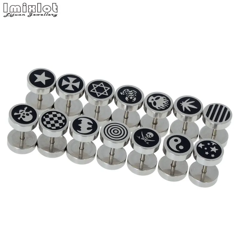 12Pcs Mix Fashion Stainless Steel Round Stud Earrings For Men Women Unisex Trendy Stripe Star Skull Earings Party Jewelry Gift