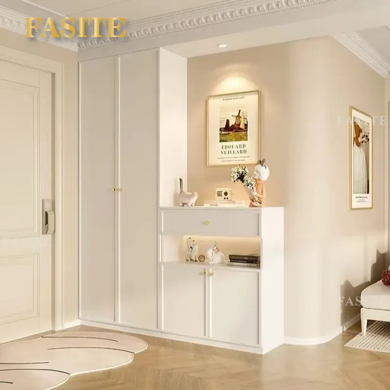 For French Cream Style Entryway Shoe Cabinet Floor to Ceiling Integrated Door Wall Mounted Storage Locker for Small Apartment