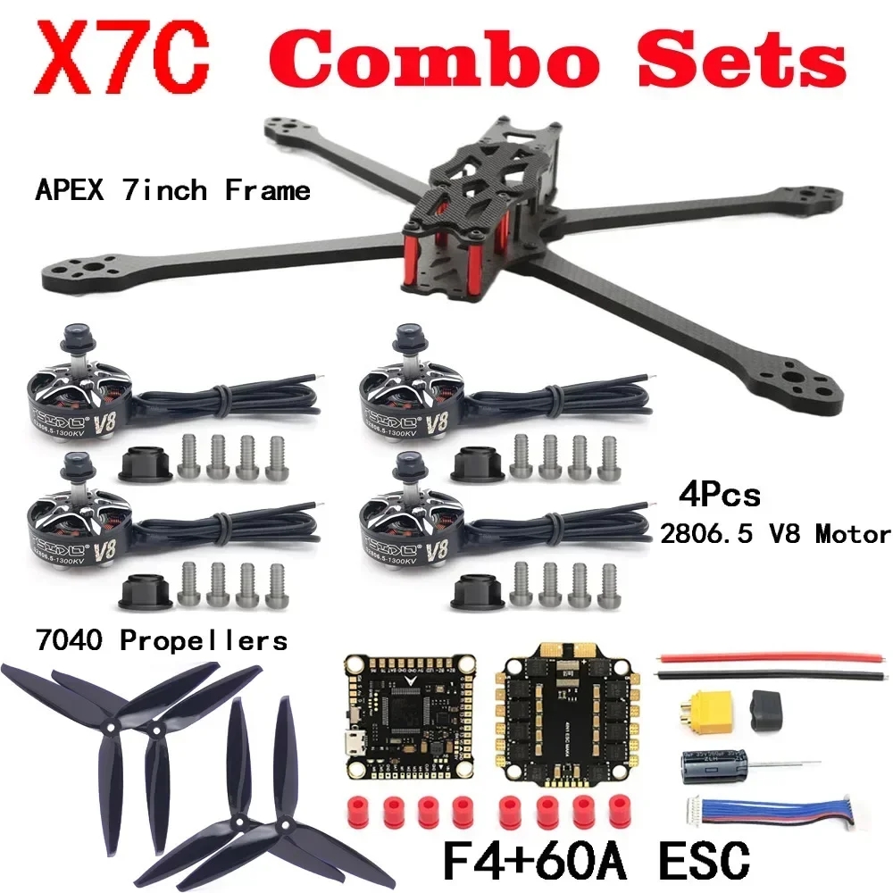 

X7C Apex 7-дюймовая рама из углеродного волокна 2806,5 1300KV двигатель F4 V3S 60A ESC 7040 пропеллеры для FPV 7-дюймового дрона дальнего действия