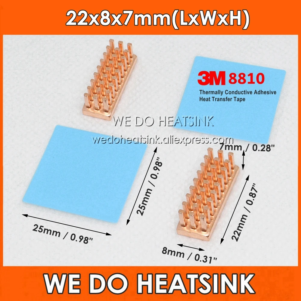 Copper 22x8x7mm Pin Fins Rectangle Heatsink Radiator Cooler With 3M 8810 Thermally Conductive Adhesive Heat Transfer Tape