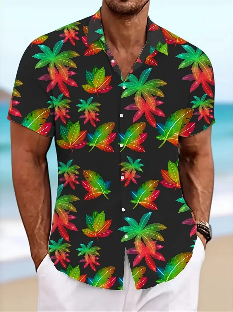 

3D Prited Maple Leaf Graphic Men's Shirts Summer Short Sleeve Turn-down Collar Shirt Tops Hawaii Vacation Shirt Women Blouse