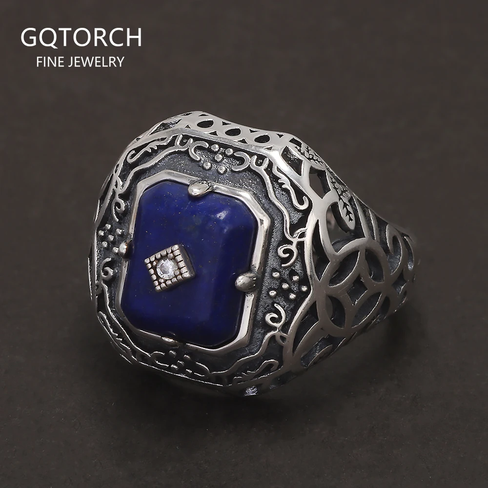 

925 Sterling Silver Lapis Lazuli Signet Ring for Men Women The Vampire Diaries Caroline Elena Ring Natural Stone Vintage Jewelry