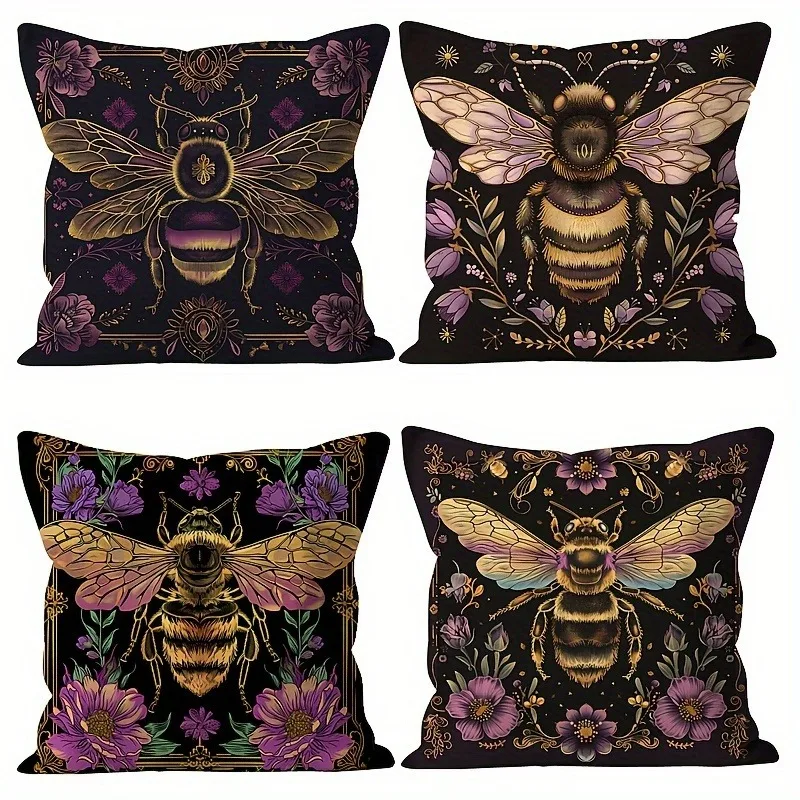 Mystical Vintage Bee Pattern Print Home Decor Pillowcase Bedroom Living Room Sofa Decoration Polyester Cushion Cover with Zipper