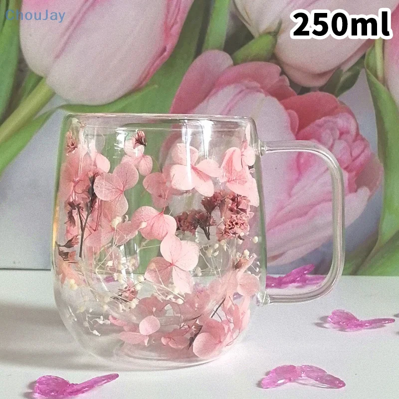 250ml Double-Wall Glass Mug with Preserved Pink Hydrangea | Floral Insulated Coffee/Tea Cup for Home & Office