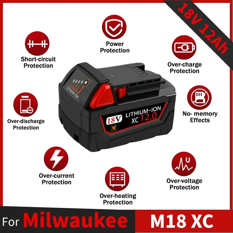 2024 aggiornamento batteria di ricambio 18V 12Ah per Milwaukee M18 M18B5 XC 48-11-1815 48-11-1850 2604 2604-22 2708-20 2607-22-22