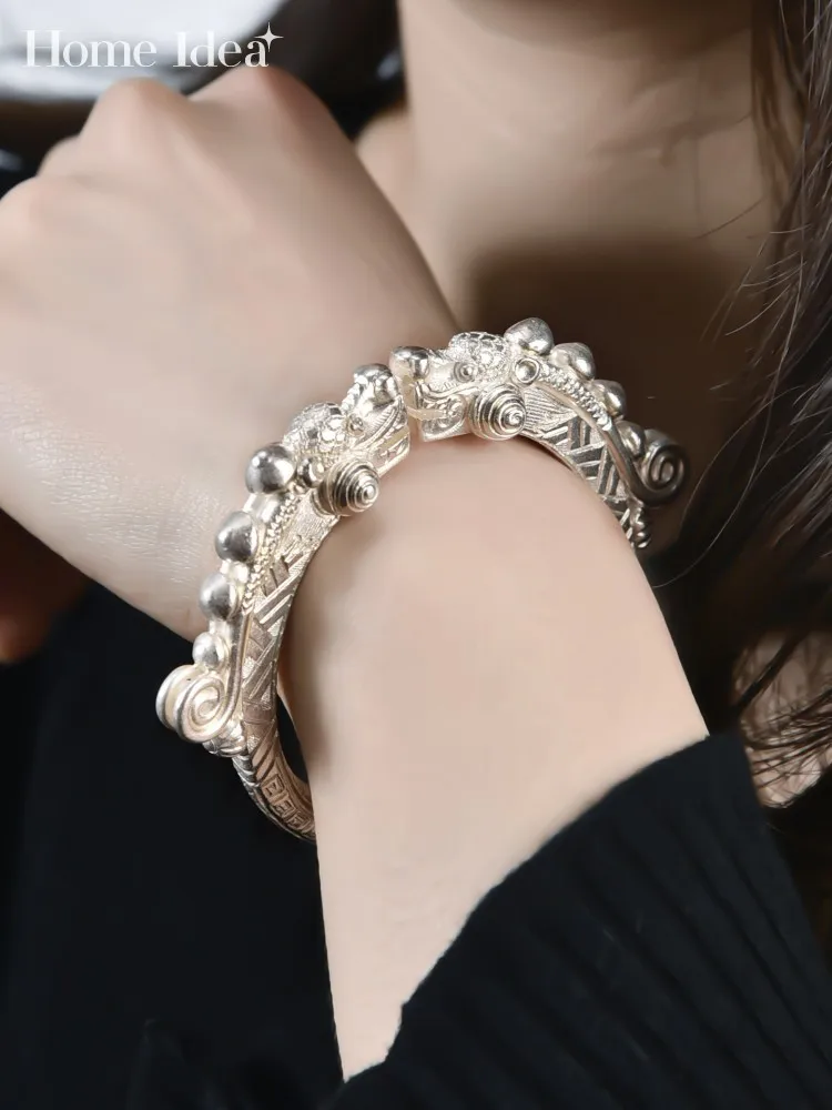 Designer Dragon Head Handmade Customized 999 Sterling Silver Bracelet Vintage Womens Fine Jewelry Open Adjustable Cuff Bracelet