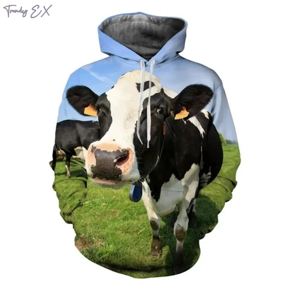 New in Sweatshirts 3D Animal Cow Print Funny Oversized Hoodie Fashion Sport Kangaroo Pocket Long Sleeves Graphic Hoodies Clothes