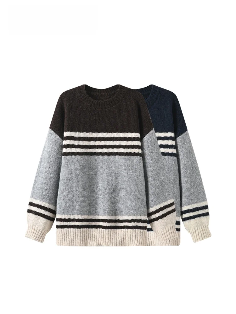 

Полосатый вязаный свитер больших размеров, женский осенне-зимний новый Sle Lazy Soft Plump Sister, модный топ, свободный крой, круглый длинный длинный с...