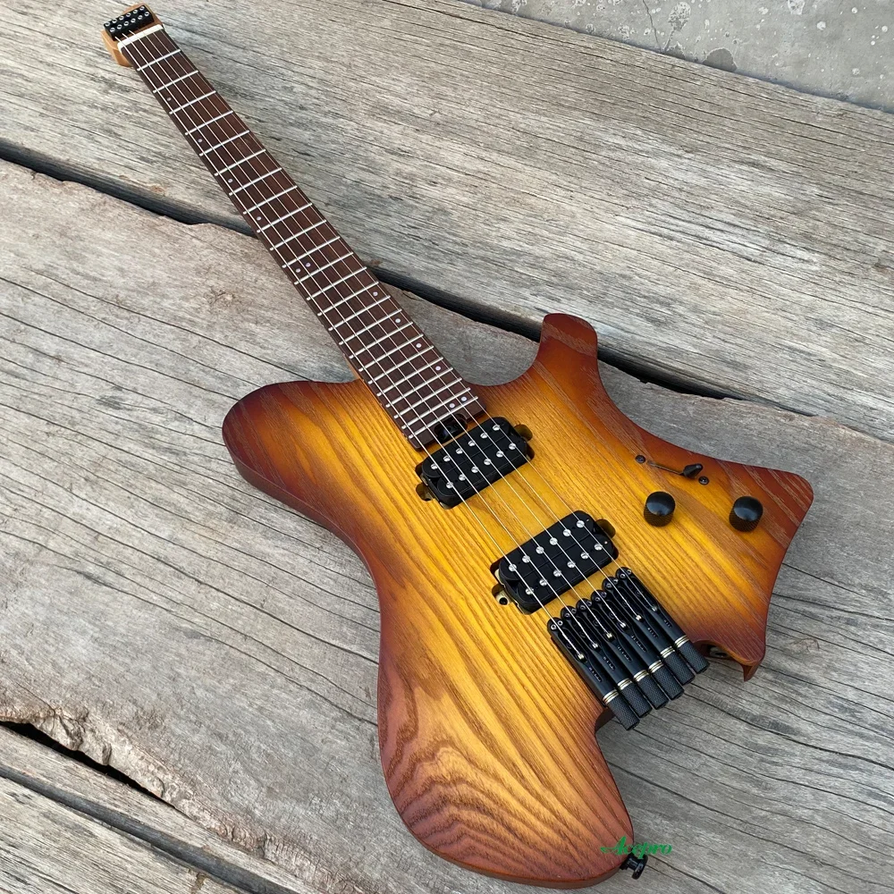 In Stock Acepro Upgraded Headless Electric Guitar, 2 Humbuckers, Vintage Sunburst Roasted Ash Body, Jumbo Stainless Steel Frets