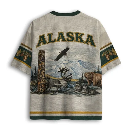 Vintage Alaska Wildlife Bear Eagle Graphic Mesh V Neck T-shirt Men Nature Print Summer Tee