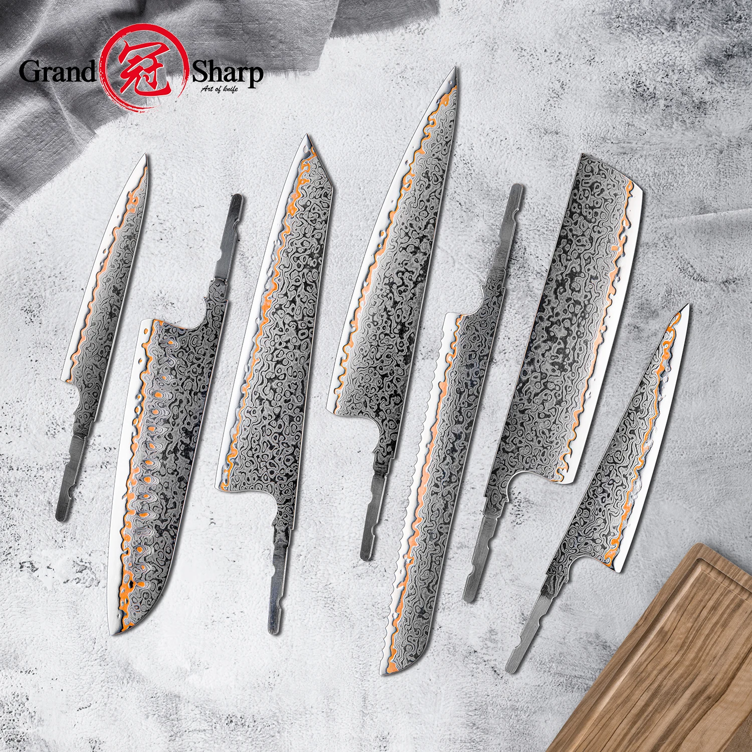 

Grandsharp дамасские лезвия, комплект из 1-7 шт., 55 слоев, медь, дамасская сталь, без ручки, нож «сделай сам», кованые лезвия, инструмент на заказ