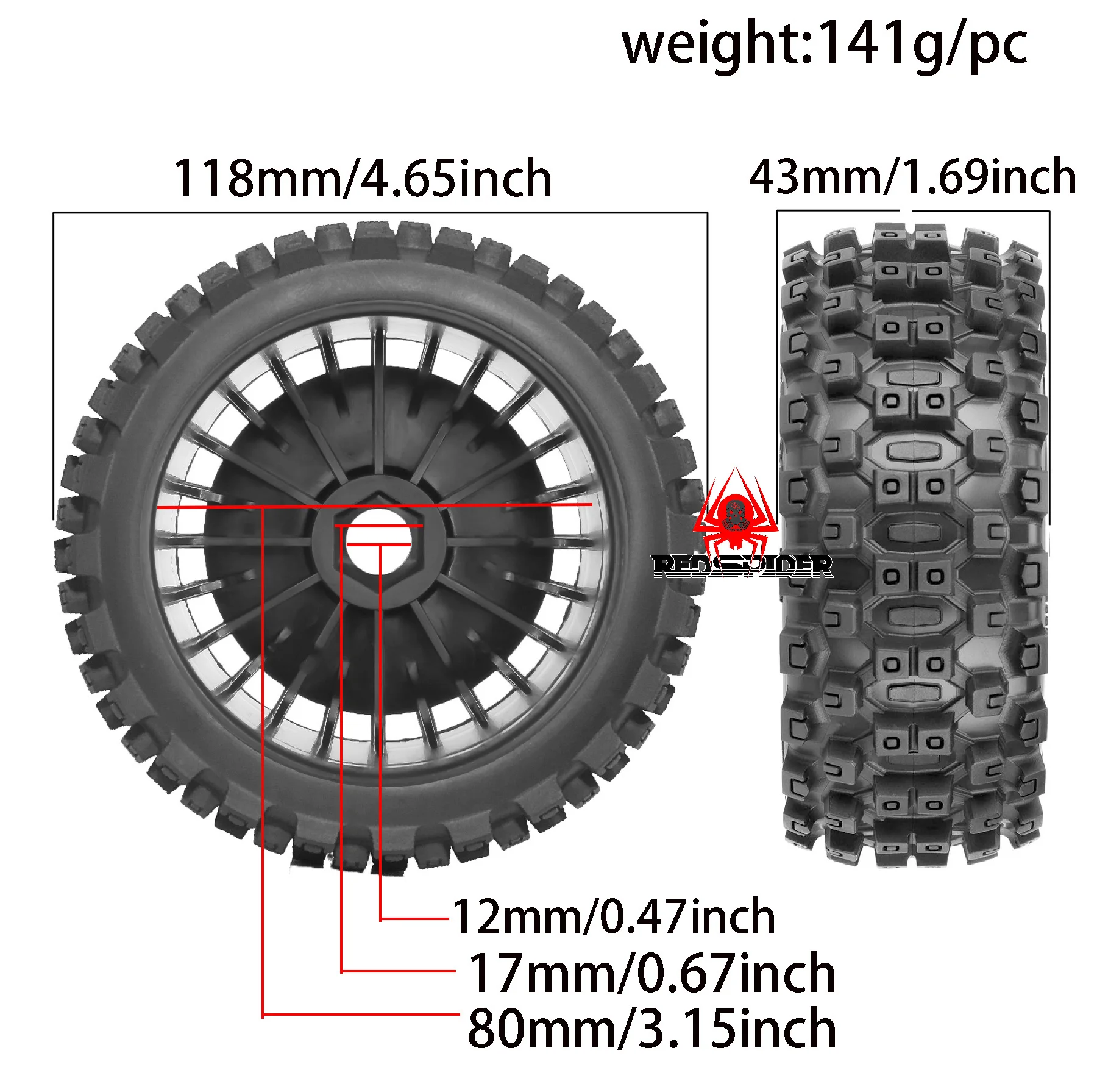 RED SPIDER 4Pcs 118mm Durable 1/8 Buggy Tire Assembly Compatible With Arrma Talion Losi Eight-X Kyosho Inferno RC Off-Road Car