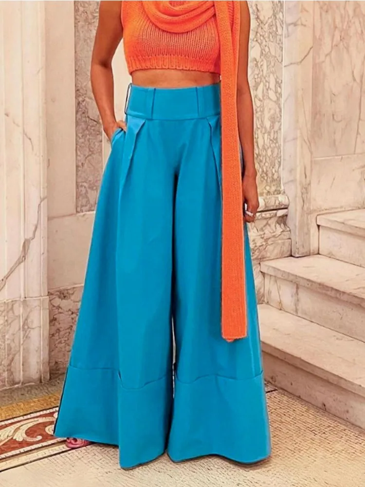 

2025 Fashion Women's Solid Color Pants Cotton-Blended High Waist Wide Leg Full Length Trousers Casual Streetwear Bottoms