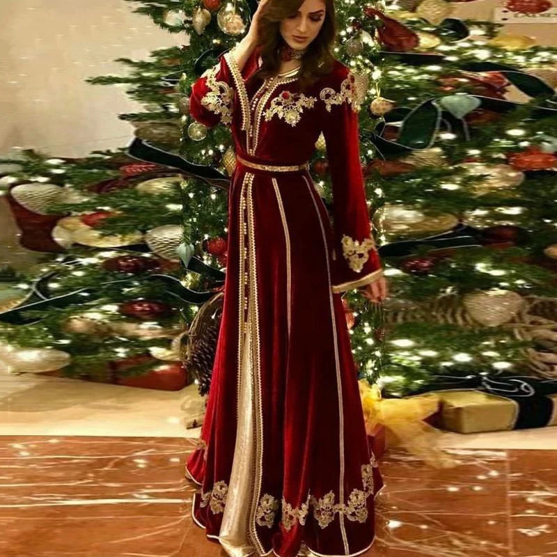 

Haute Couture Arabic Evening Dress V-Neck Appliques Gold Lace Beaded Moroccan Caftan Long Sleeve Mermaid Burgundy Prom Gown