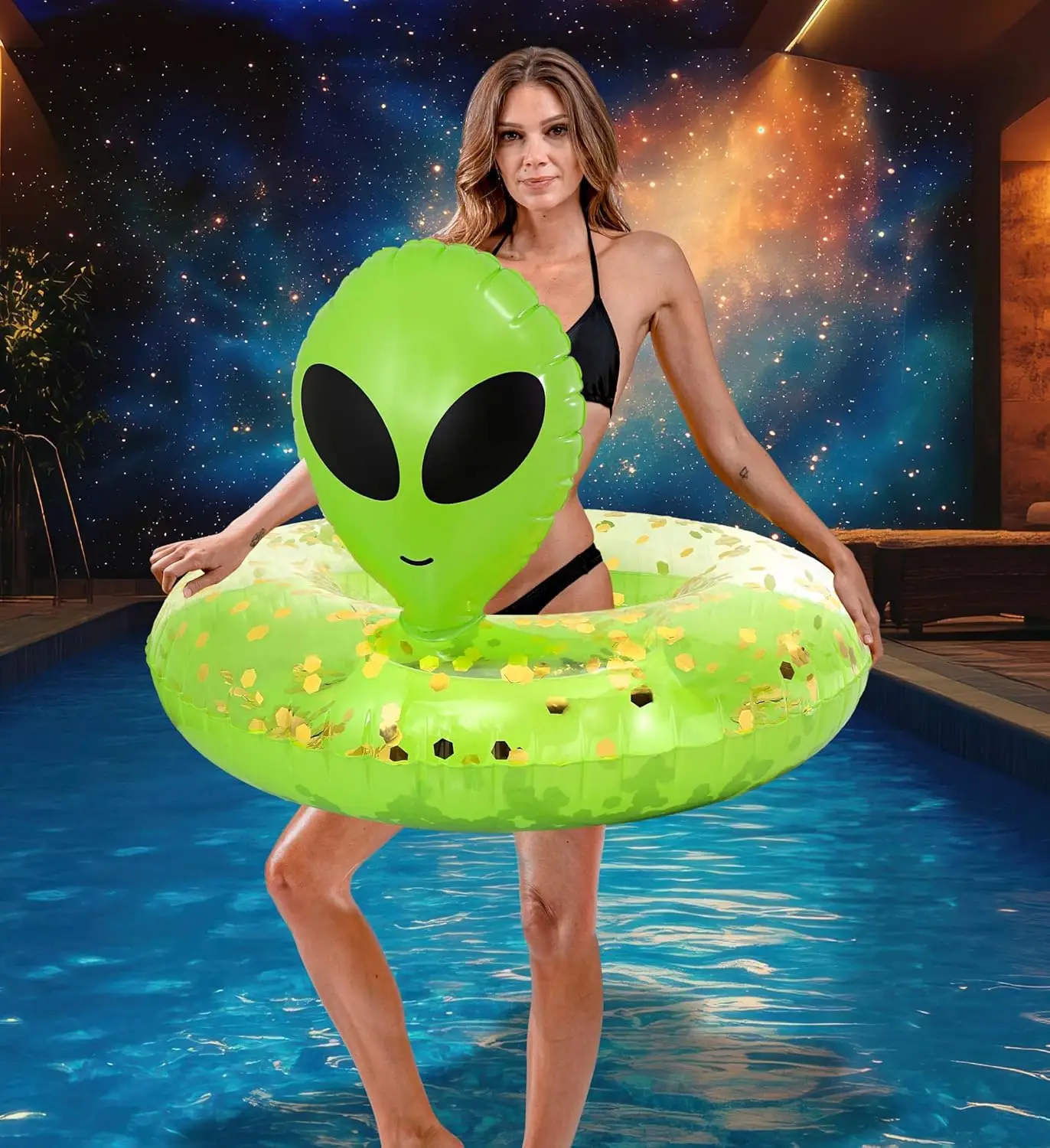 Tubo flotante inflable para piscina alienígena, vinilo resistente a los rayos UV, confeti para piscina, flotador de alienígena, flotador de piscina fresco, anillo de natación para piscina inflado