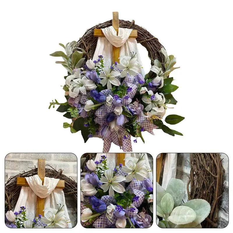 Easter Wreath Cross Artificial Flowers Scarf Wreath For the Front Door Easter Decoration 2024 Indoor Outdoor Ornaments