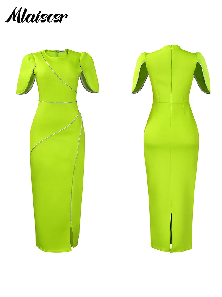 Mlaiscsr moda pétala manga cheia o pescoço bodycon verde vestido longo feminino senhora do escritório noite festa de aniversário vestidos africanos