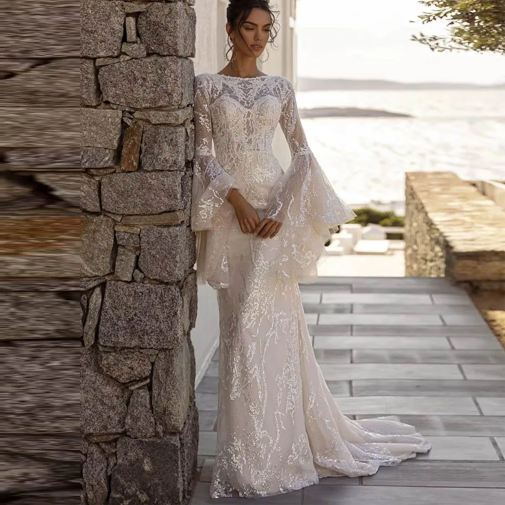 

Customized New Arrival Shiny Beaded Wedding Dress For Woman Bride Dreamy Flare Sleeve Elegant Mermaid Long Bridal Gown