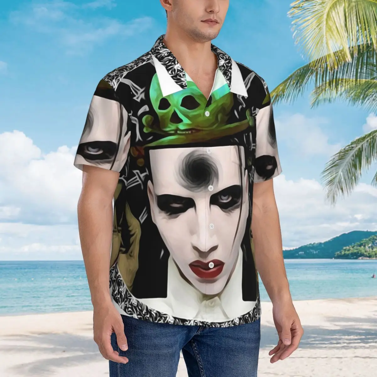 

Marilyn Manson Hawaiian Shirts Funny Men Short Sleeve Shirt for Summer Beach Men's Lapel Tops