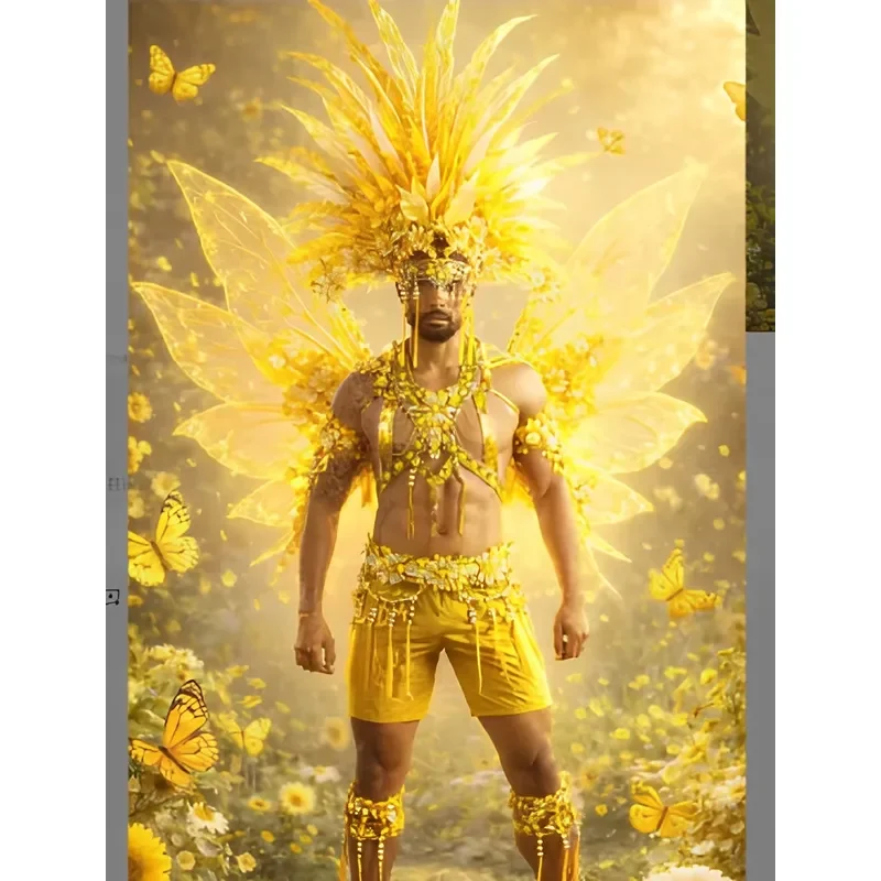 Luxury Men's Golden Orgy Samba Costume Large Yellow Feather Headdress Butterfly Wings Suit Stage Performance Parade Costume