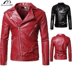 MAIDANGDI-Chaqueta de piel sintética para hombre, abrigo con cremallera Irregular, cuello en V, solapa, estilo de motocicleta