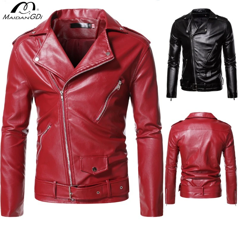 MAIDANGDI  Men's Leather Jacket with Irregular Zipper V-neck Lapel Top and Motorcycle Style  Fur Jacket  Mens Faux Fur Coat