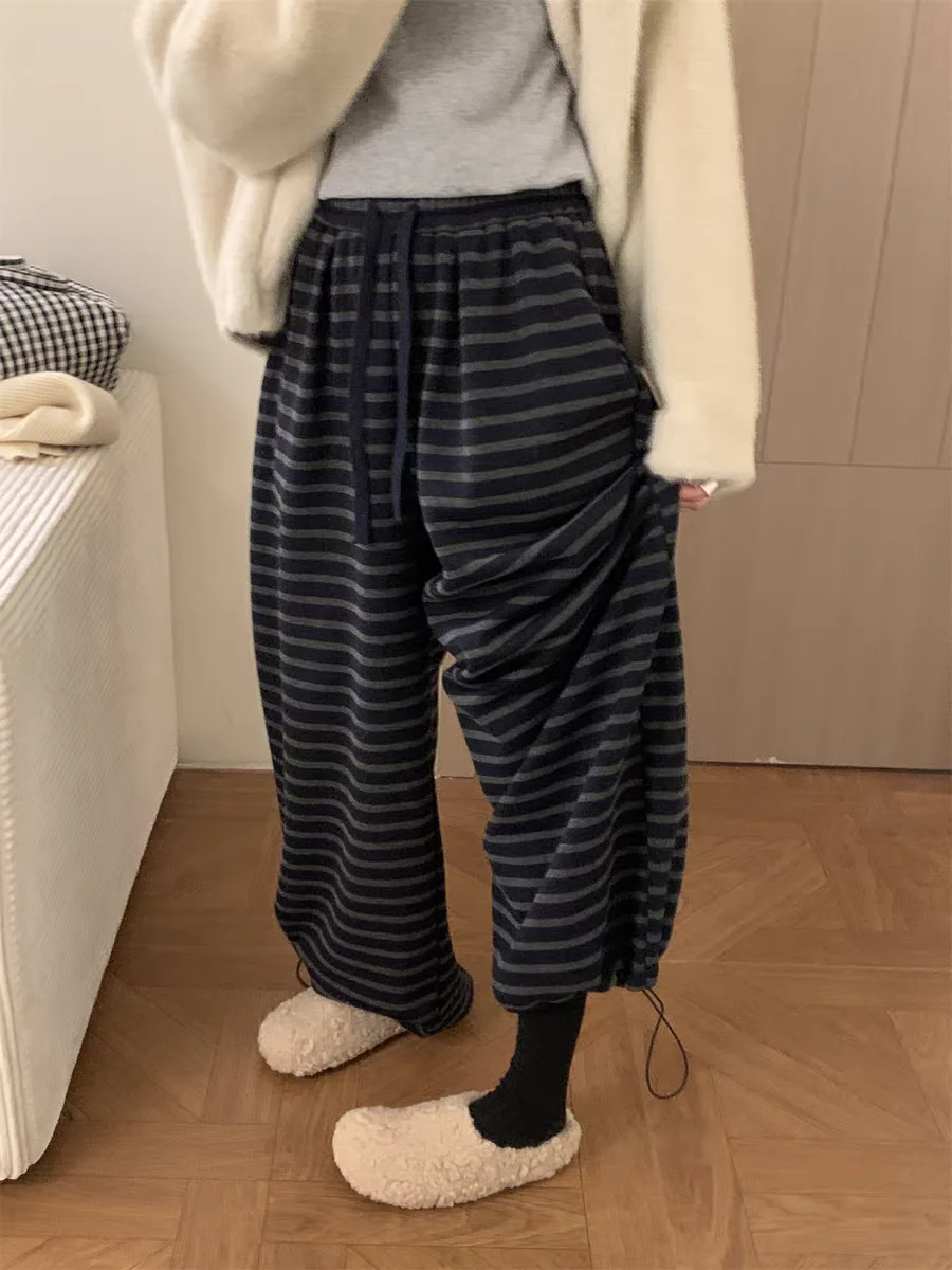 Thi Warm Faionable Striped Wide Leg Pants Women's High Waist Drapey Straight Cut Trousers plus Size Korean Sle Cuffed P...