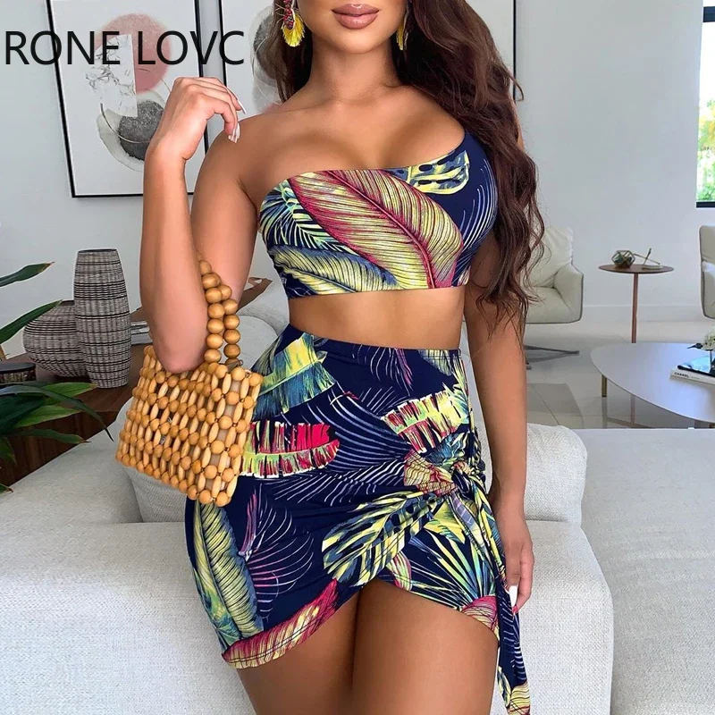 Women Off Shoulder Tie Front Top & Tropical Print Skirt Set  Casual 2 Pieces Set