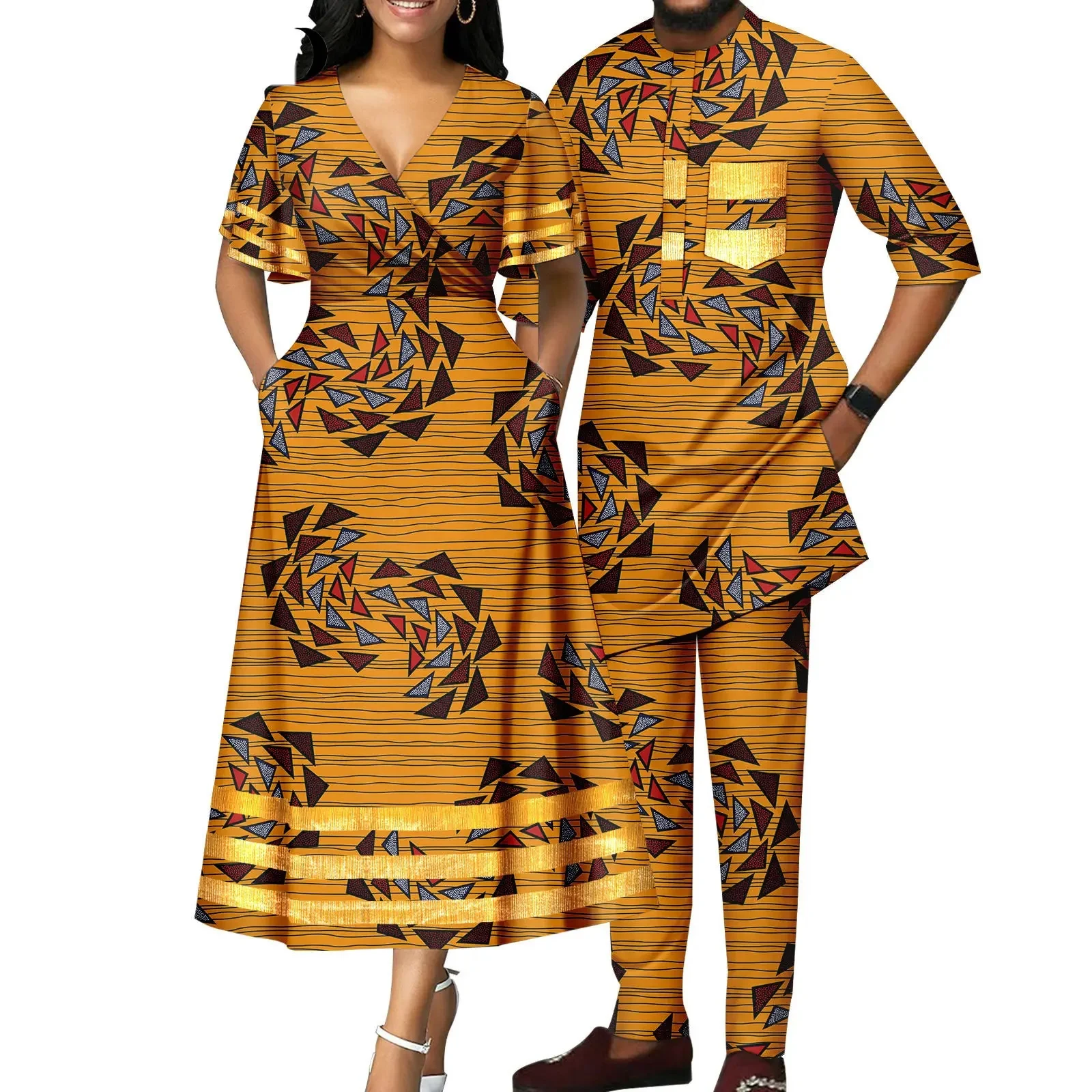 African Dresses for Women Match Bazin Lover Couple Clothes Print Mermaid Evening Party Dresses Men Outfits Shirt and Pant Sets