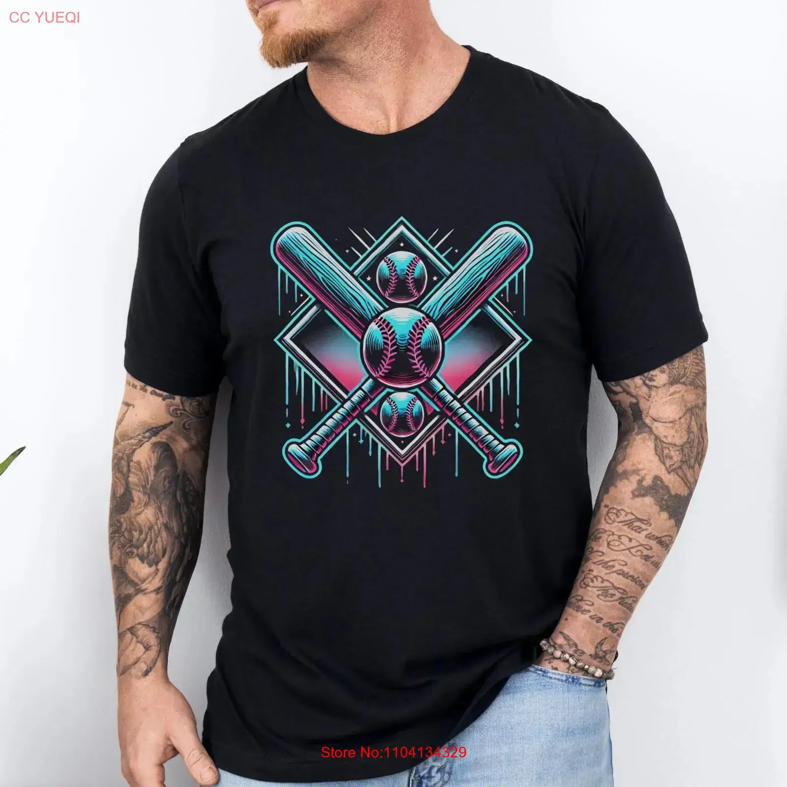 Camiseta de Béisbol Neón Retro con Diseño Artístico Goteante, Estilo Vintage Grunge, Lavado Vintage, Ligeramente Gráfico, Elegante para Hombre