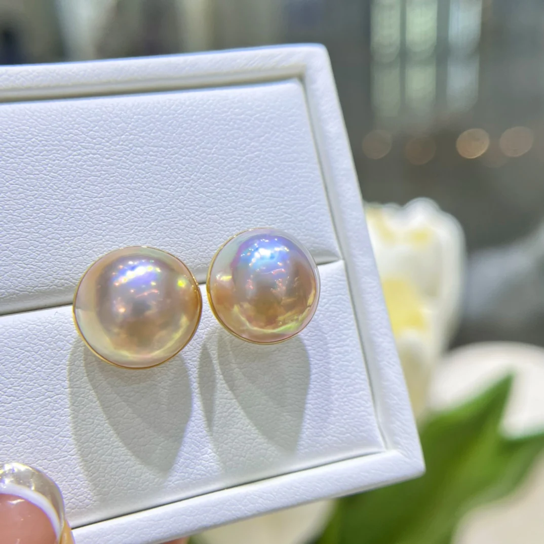 YB24 Fine Jewelry Pure G18K Yellow Gold Natural Salt Water Mabe Pearls 14-15mm Earrings for Women Fine Pearl Earrings