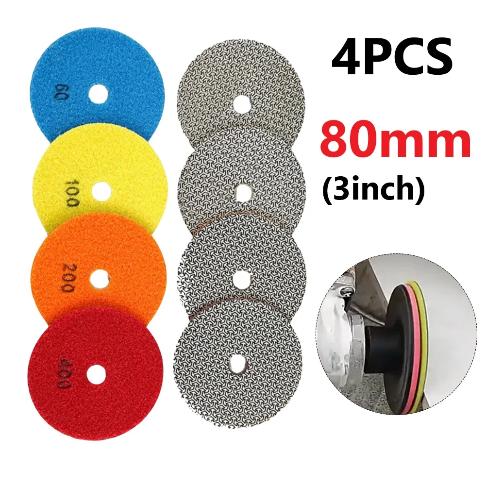 4PCS 3Inch Electroplated Emery Dry Polishing Pad For Granite Marble Sanding Disc  Power Tool Accessory In Stock