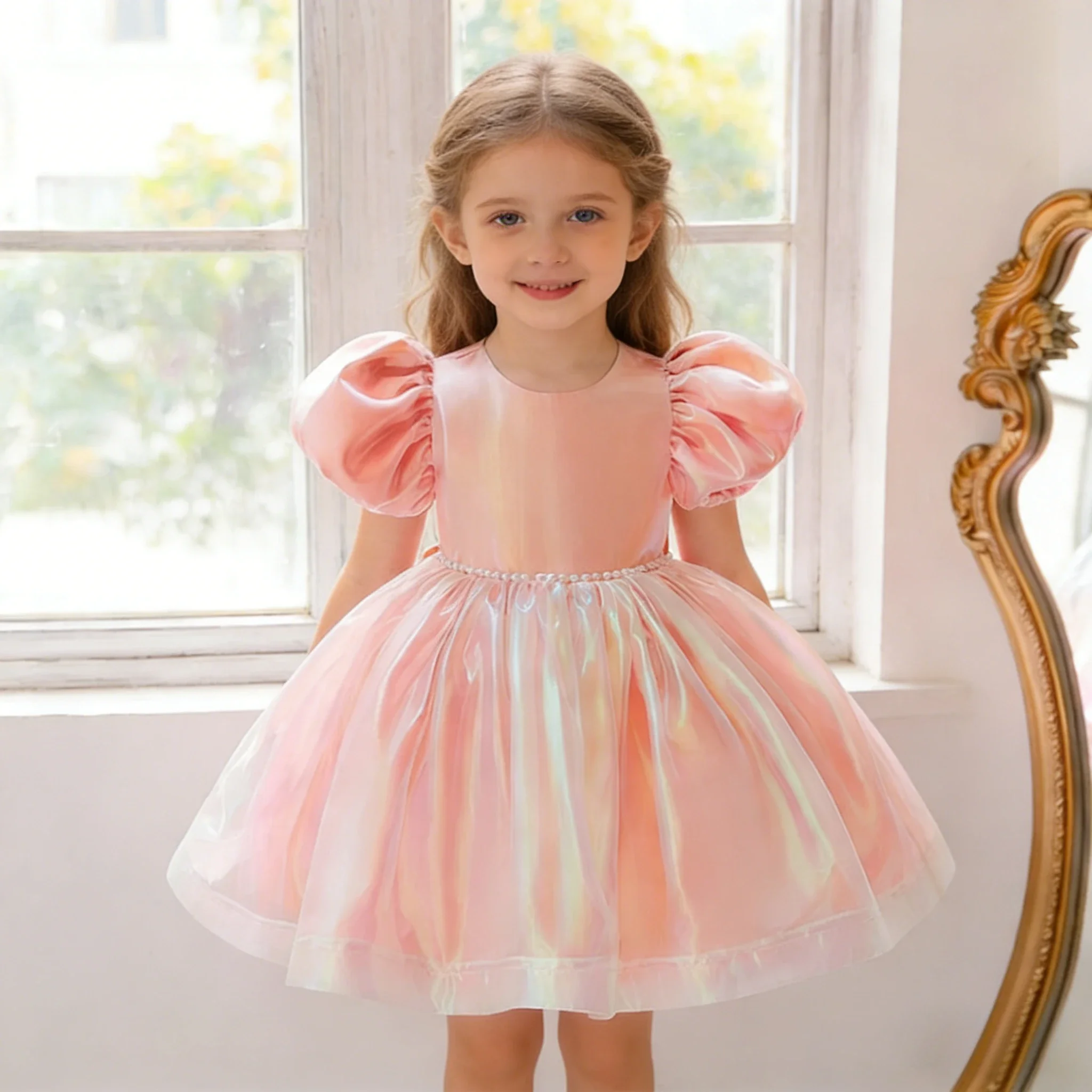 Girls Dress Fluffy Princess Dress Medium and Large Children Bubble Sleeve Bead Dress Little Girl Birthday Catwalk Dress ASQ03