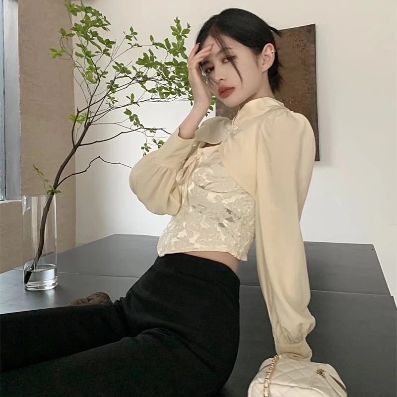 Cropped Blouses Women Elegant Aesthetic Chinese Style Temper Tradition Ladies Stand Collar Designer Luxury Minimalist All-match