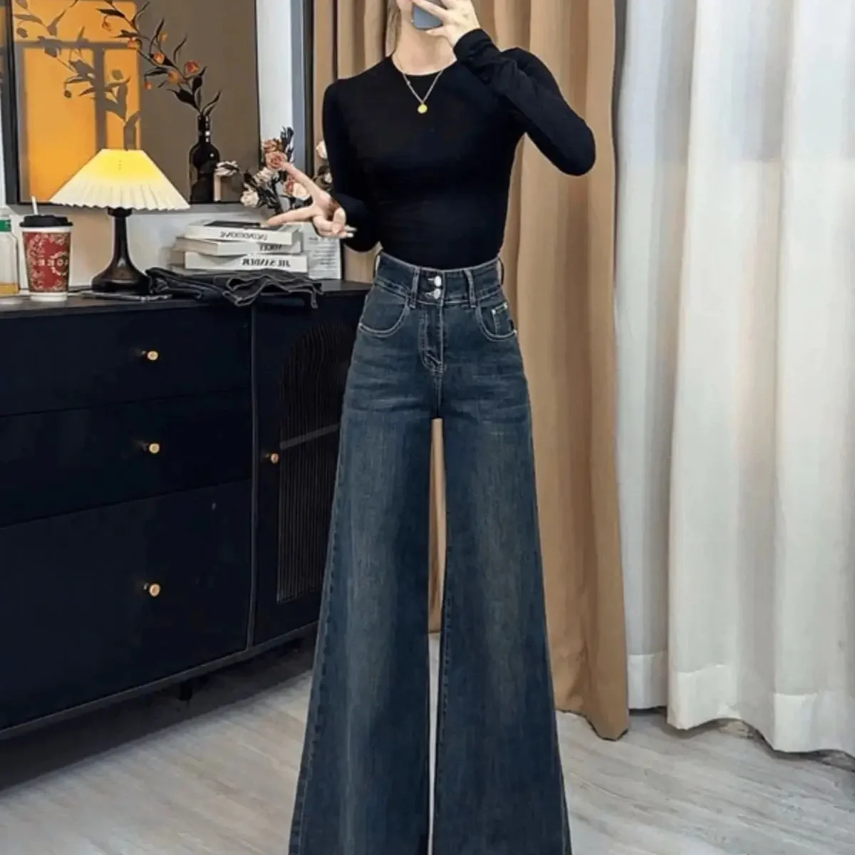 جينز نسائي Y2k جينز ريترو واسع الساق عالي الخصر فضفاض مناسب لشتاء 2025 تصميم جديد طويل القامة بنطلون متعدد الاستخدامات بطول الأرض