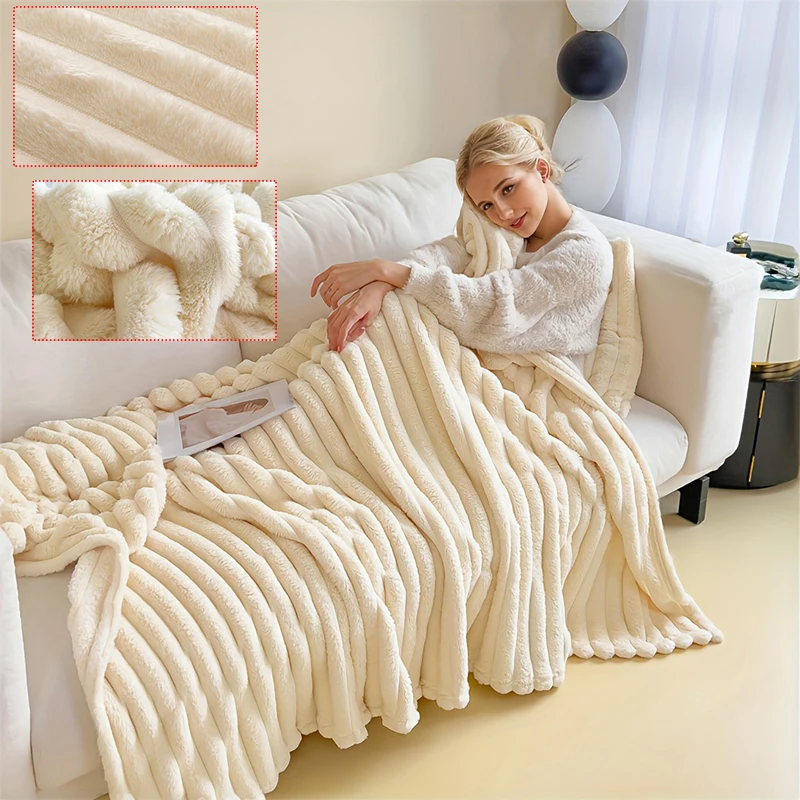 Solid Color Fluffy Blankets Thickened Wide Striped Blanket Soft Warm Sofa Bed Sheet Cover Chunky Nap Blanket Home Bedroom Decor