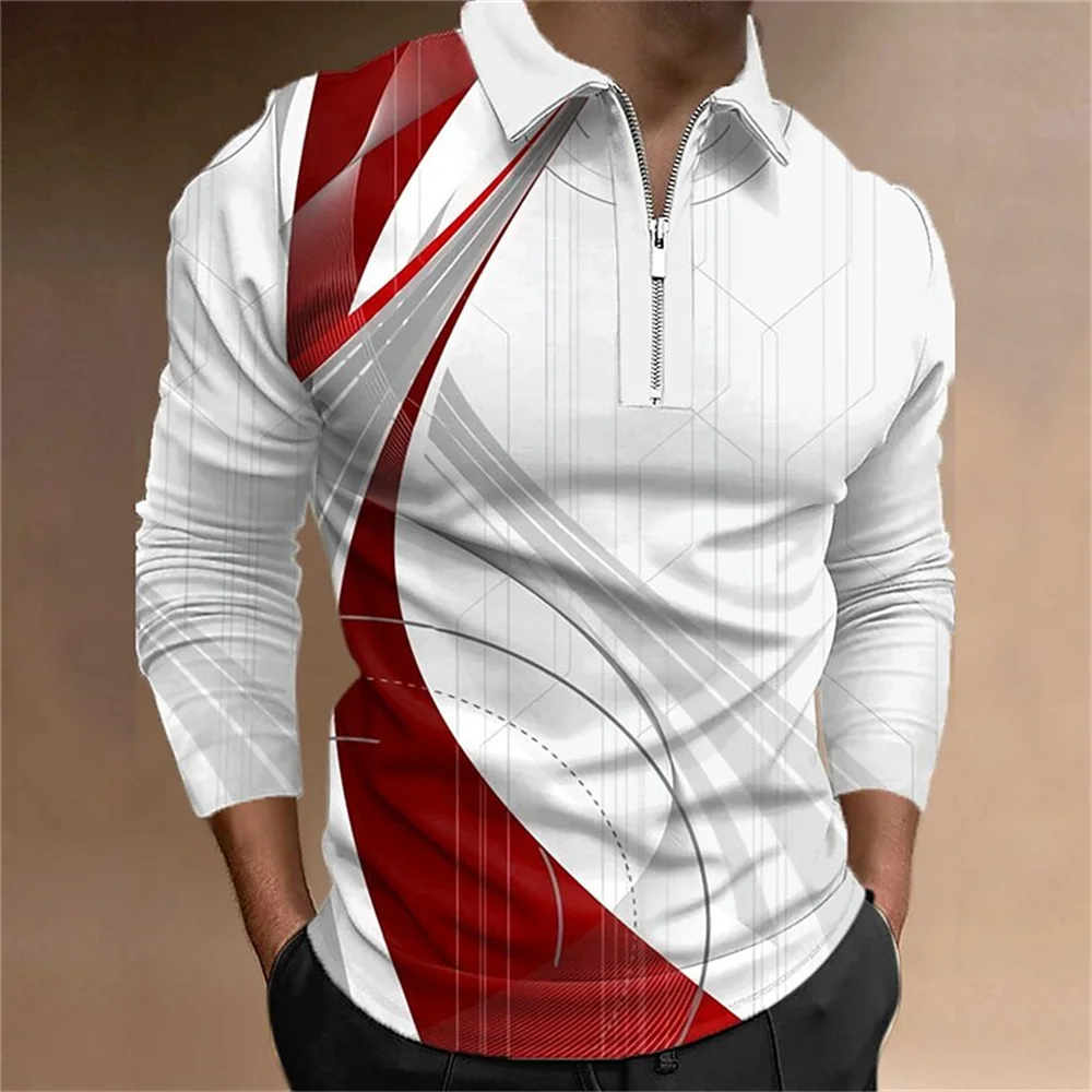 Fashion Men\'s Clothing Polo Shirts Casual Turn-Down Collar Zipper Golf Wear Ladder Print  Long Sleeve Tee Shirt Men Polos Tops