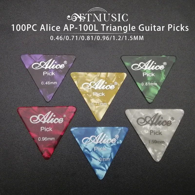 100 pçs/lote Alice AP-100L Mix Color Celluloid Grande Triângulo Palhetas de Guitarra com Impressão de Logotipo 0.46/0.71/0.81/0.96/1.2/1.5MM