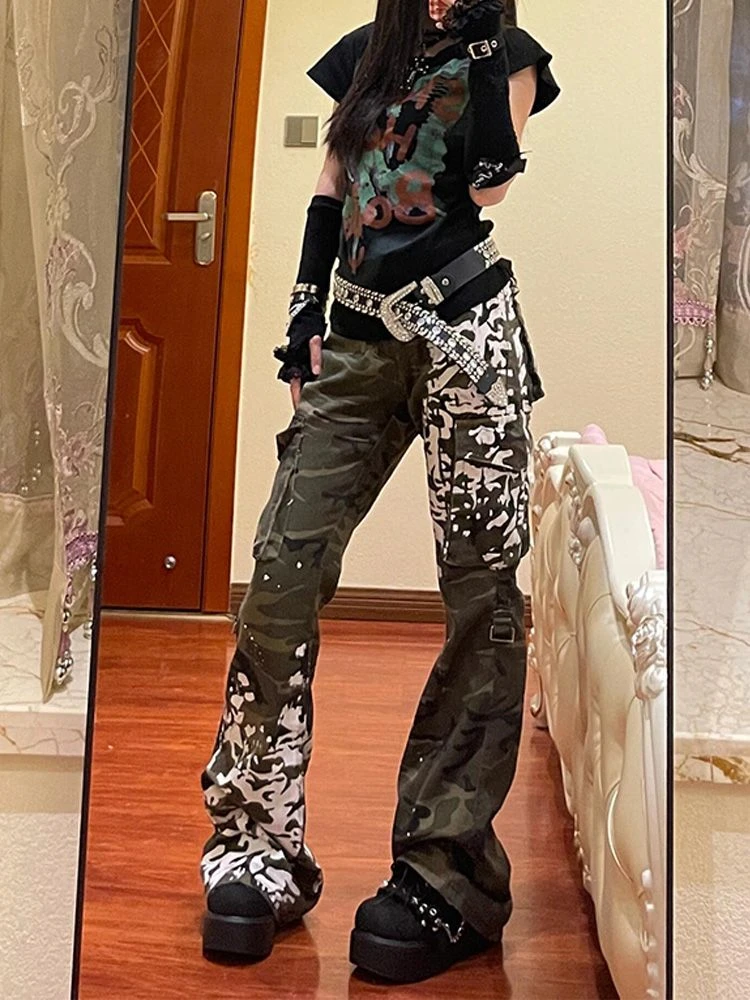 

Women's Spray Painted Camouflage Bell Bottom Pants Wide Leg Vintage Trousers Street Casual Bottoms Female Low Waist Pants