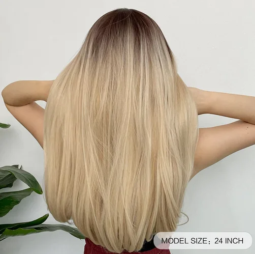 Ombre bruin platinablond synthetische pruik met pony lange rechte natuurlijke haarpruik voor vrouwen cosplay hittebestendig