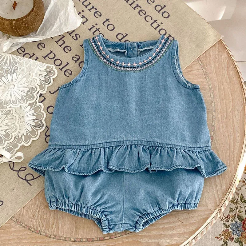 2025 neue Sommer 0-3Yrs Kinder Kleidung Anzug Ärmel Einfarbig Denim Weste + Shorts Neugeborenen Baby Mädchen Kleidung Set